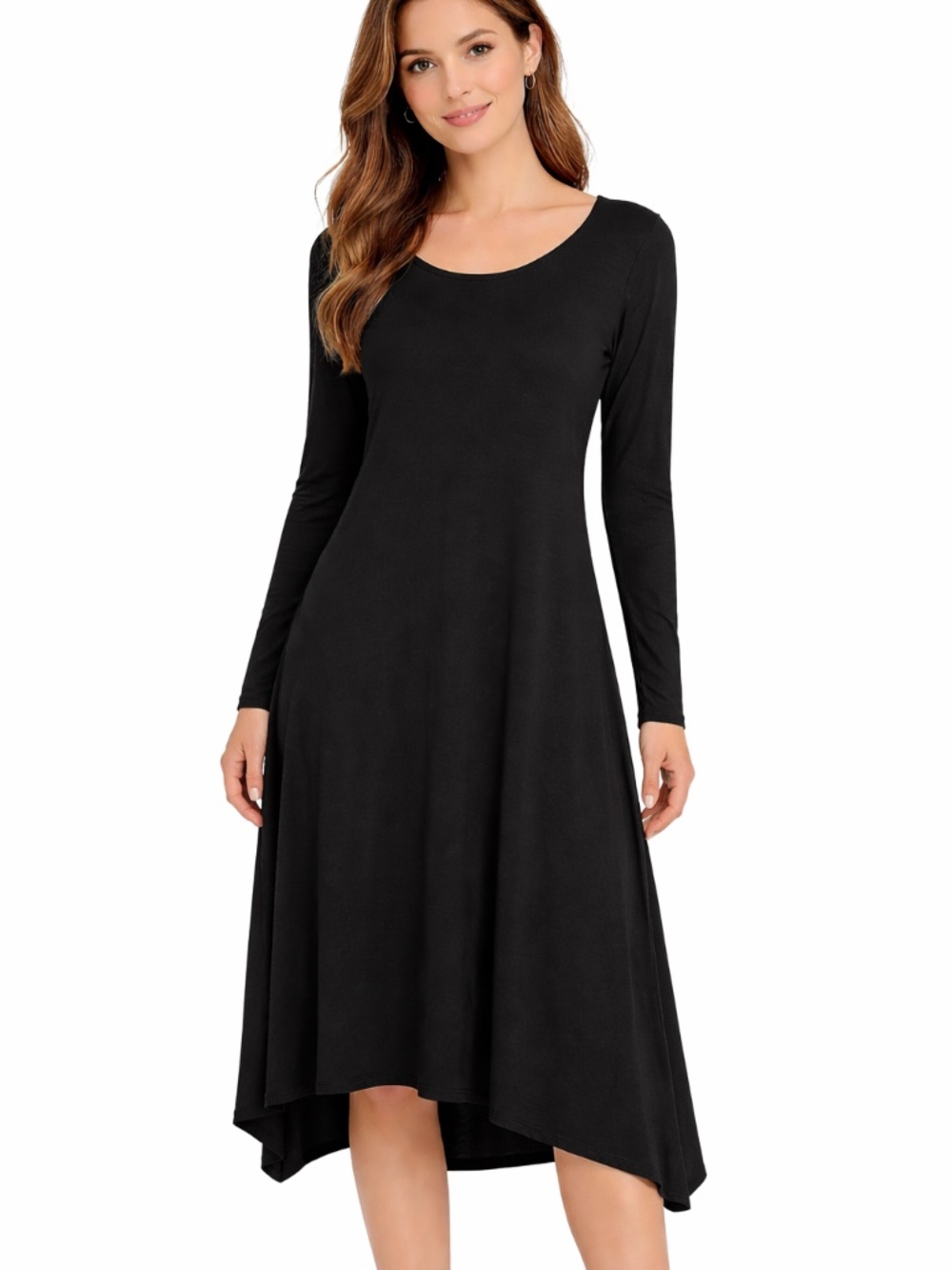 Eileen Fisher dress S black long sleeves asymmetric hem A line light stretch